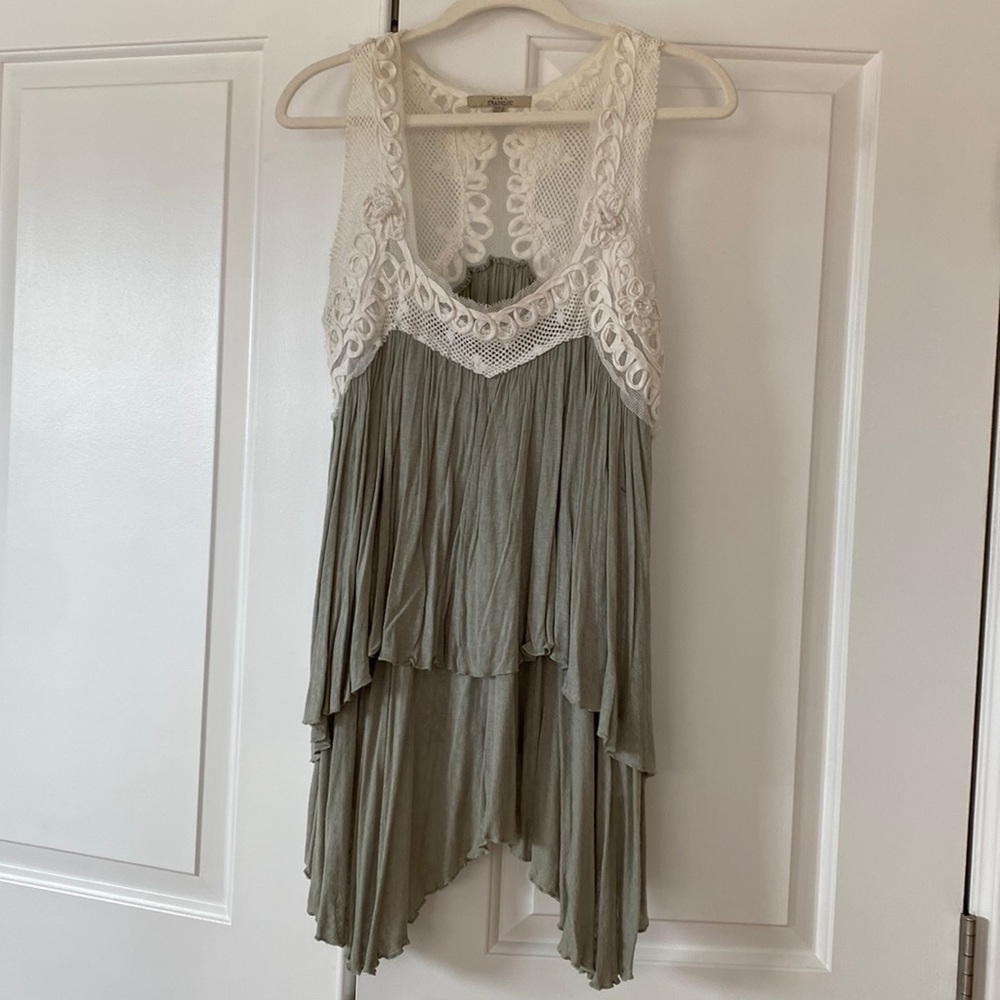Zara Lace and Cotton Tank Top, Sage Green, M
